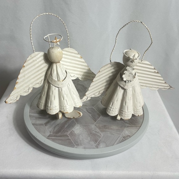 Rustic Corrugated Metal Angel Figurines Set of 2 White Holiday Decor Christmas - Picture 1 of 6